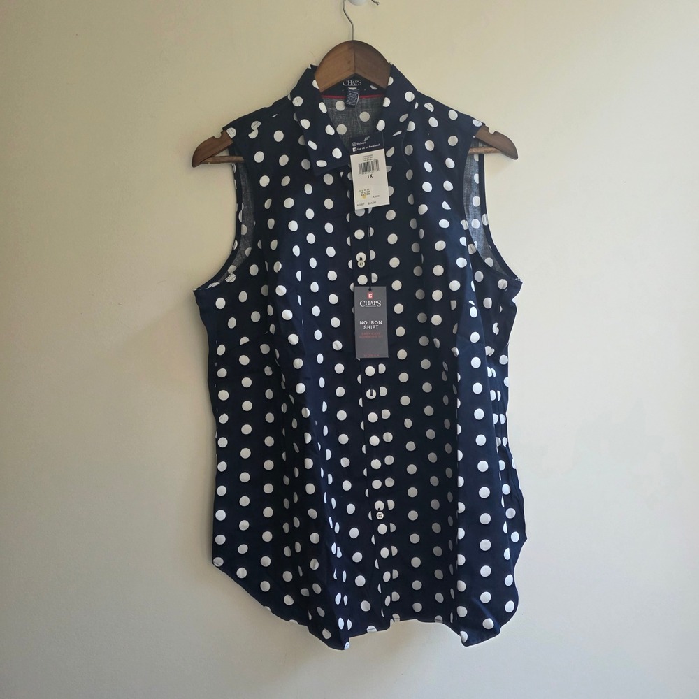 Chaps No Iron Sleeveless Button Down Shirt Navy‎ White Polka Dot 1X Blouse NWT